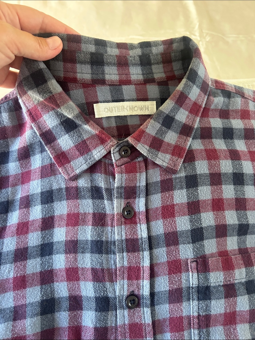 Outerknown Men's Burgundy & Blue Plaid Button-Up Shirt
